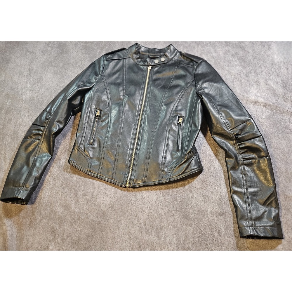 Miss London Womens Faux Leather Moto Jacket Black M Biker Streetwear 1-01565